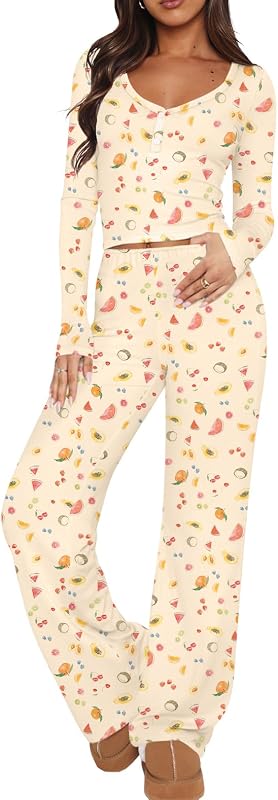 Ezbelle Women's Lounge Sets 2 Piece Outfits Long Sleeve Crop Button Down V Neck Shirt Knit Pajama Pant Fall Clothes