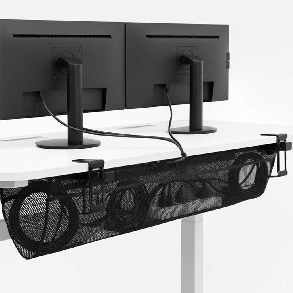 Mesh Fabric 44 Inch Clamp-on Under Desk Cable Net, Sit Stand Workstation Wire Organizer, Power Strip Holder, Ergonomic Adjustable Cable Management Solution for Home Office, Black, DESK-AC44MH