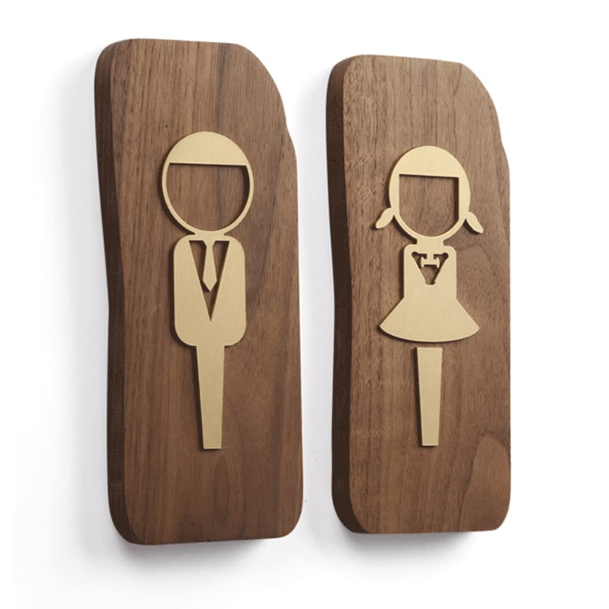Juego de letreros for baño, figuras de niño y niña, latón nogal, paquete de 2