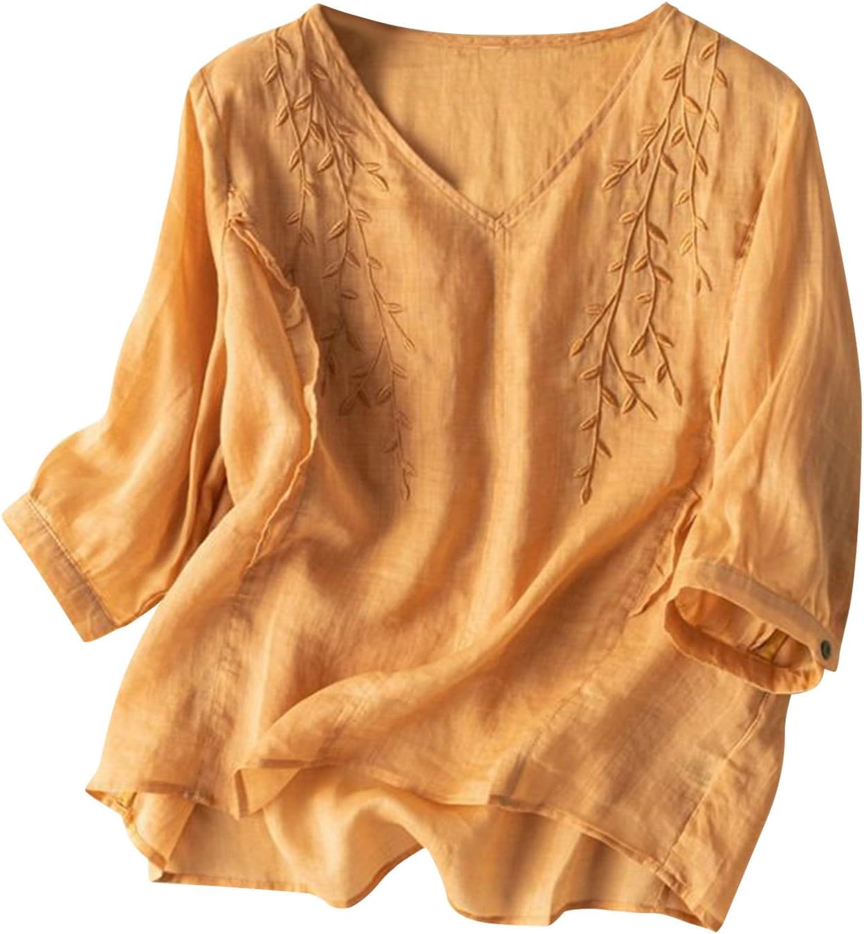 Cotton Linen Tops for Women Summer Casual 3/4 Sleeve T Shirts Lightweight Ethnic Style Embroidery Blouses Tees