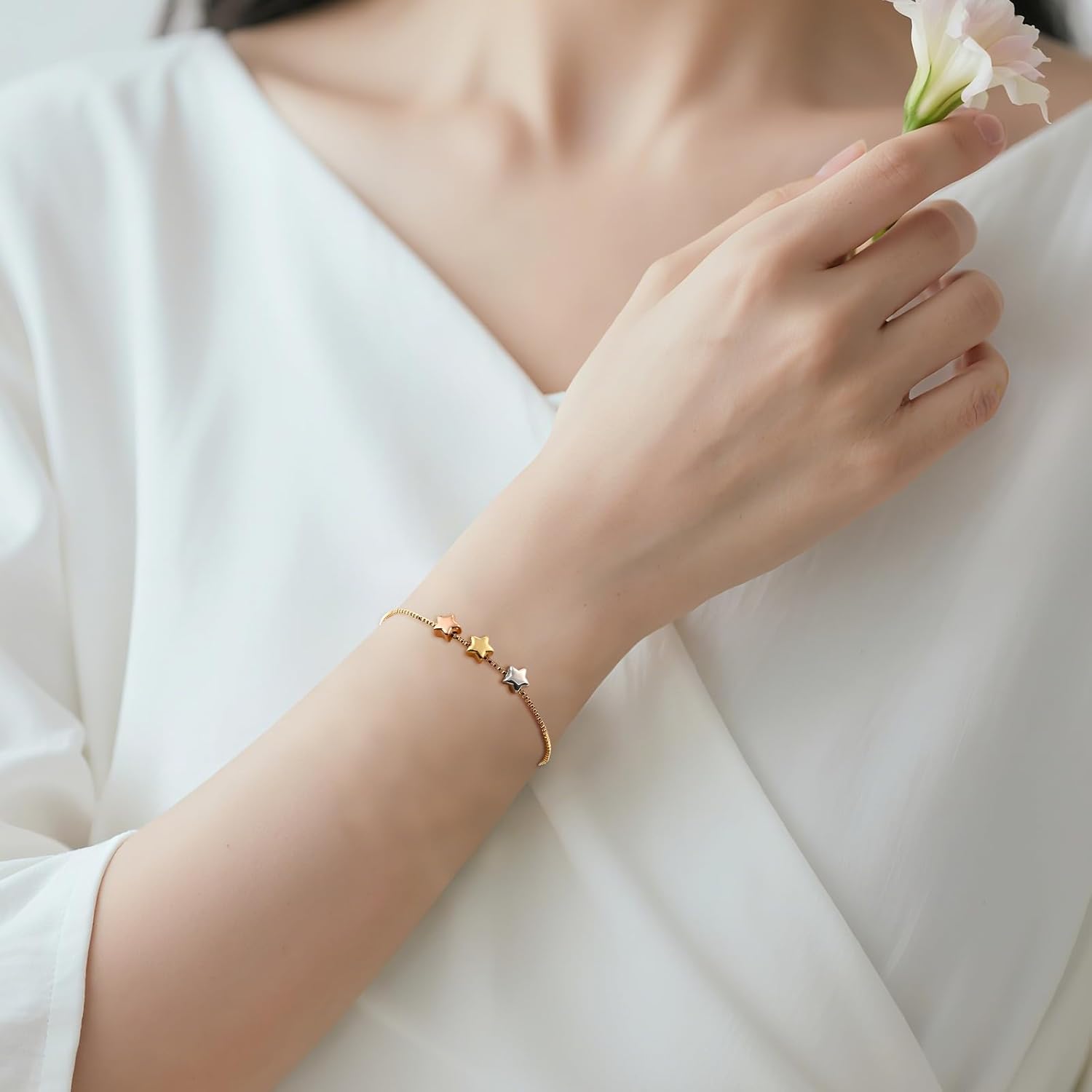Gold Star Charm Bracelet for Women Adjustable Chain with Three Tone Star Y2k Bracelet for Celestial Jewelry - Image 6