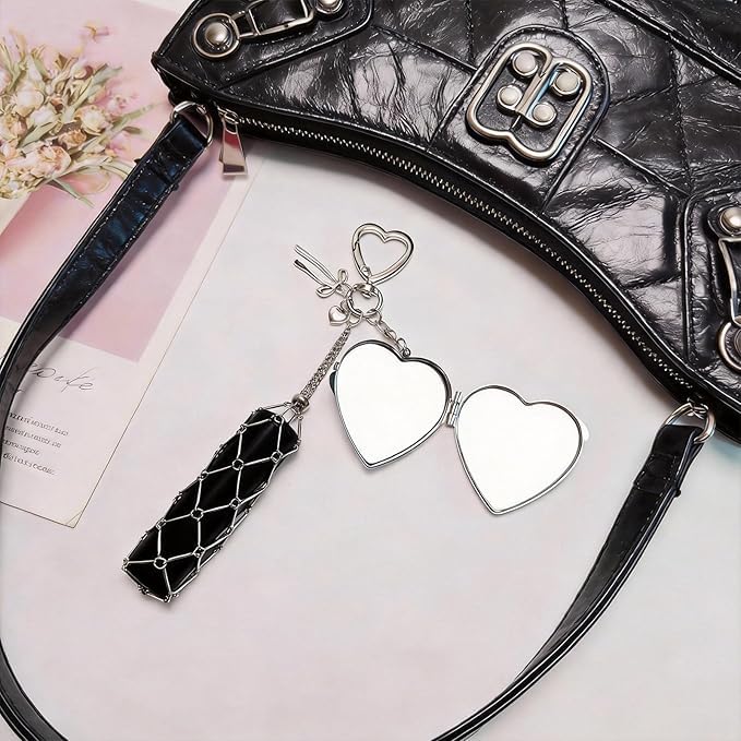 Image of Lipstick Holder Keychain Lipgloss Holder Keychain Lip Gloss Holder Keycharms for Girls Cute Bag Charms Portable Lipstick Charm Keycharms with Heart Mirror Travel Makeup Pouch (Lipstick not Included)
