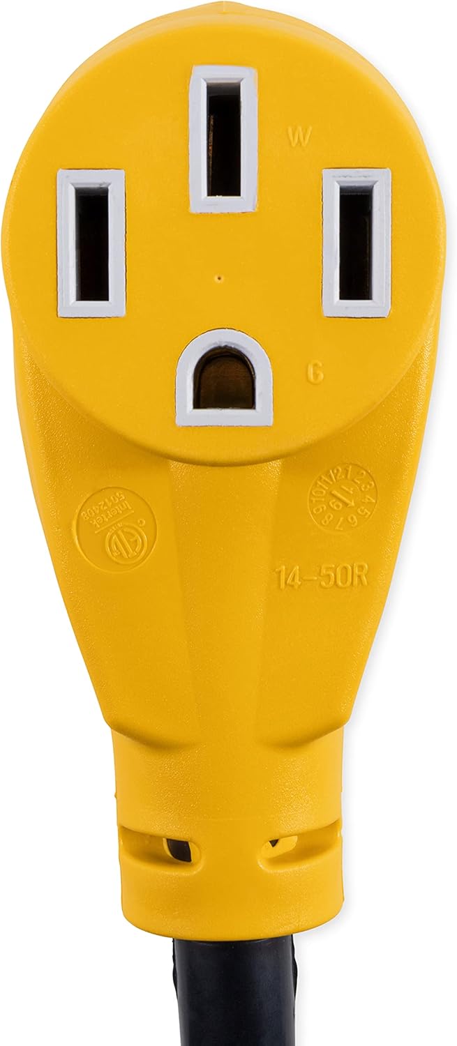 Camco PowerGrip Camper/RV Generator Adapter | Features a 4-Prong L14-30 Male End and a Standard 50-Amp Female End | Rated for 125/250 Volts & 7500 Watts (55422)