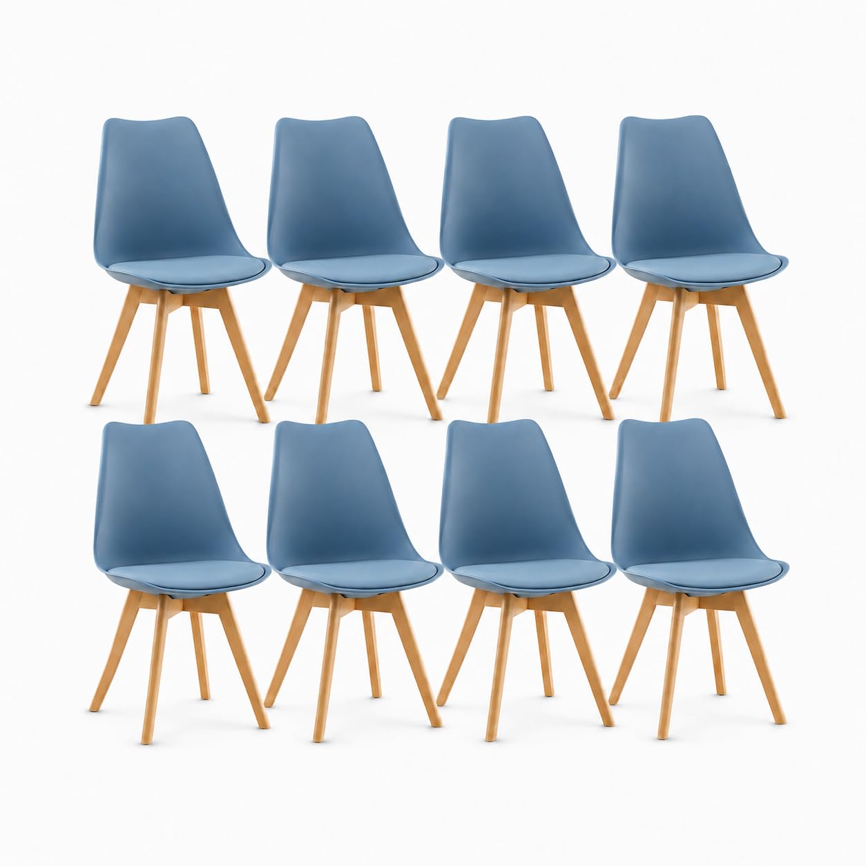 EGGREE Set of 8 Dining Chairs with Ergonomic Plastic Backrest & Beech Wood Legs with Anti-Slip Felt Pads, 120KG Capacity Retro Kitchen Chairs, Light Grey Blue