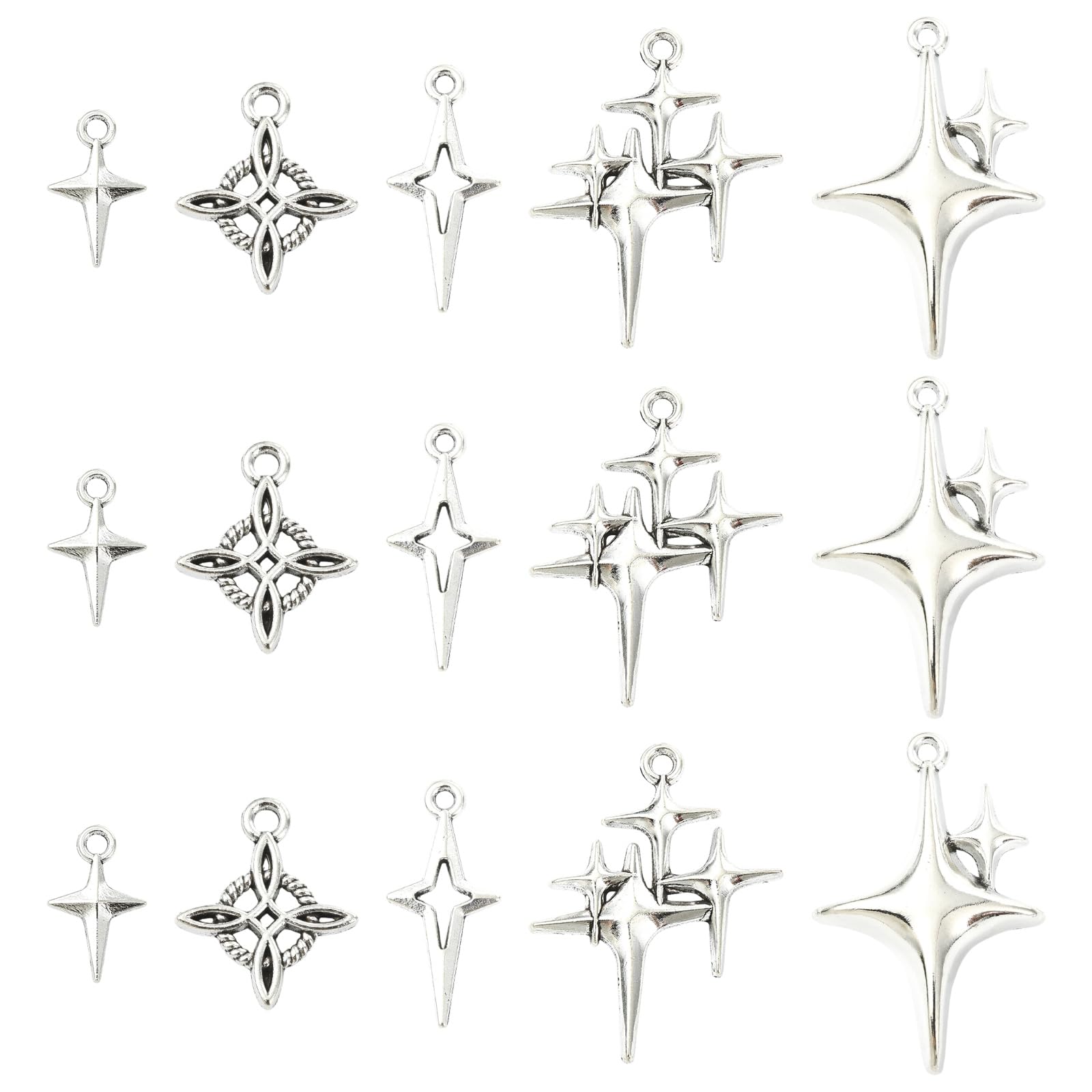 Ipotkitt 100pcs 5 Styles Antique Silver Star Alloy Charms Tibetan Style Meteor Celestial Charms for DIY Jewellery Making Earrings Necklace Keychains Purse Crafts Bulk