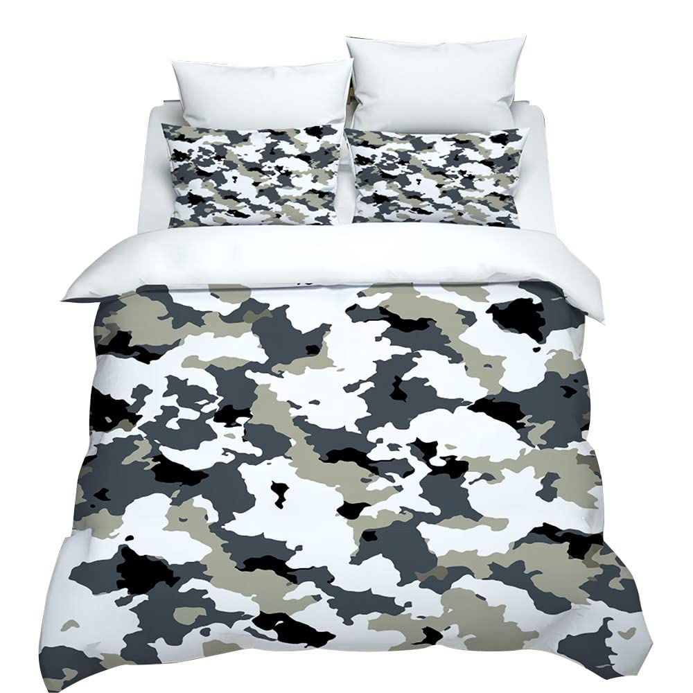Hixingo Nordico Stampa Set di Biancheria da Letto in Microfibra, Morbida Traspirante 3D Camouflage Set Copripiumino e Federe Adatto e Bambini Adulti (Mimetico Grigio,220x260cm)