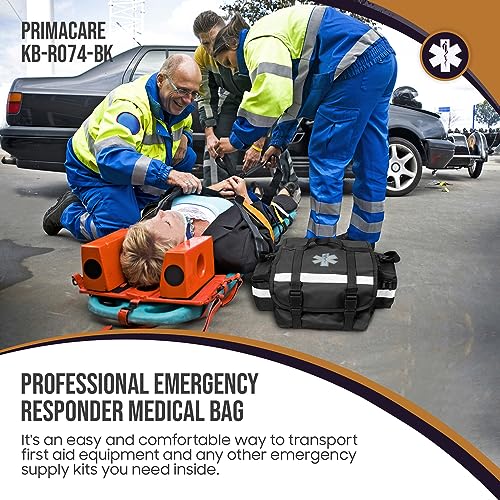 Image of Primacare KB-RO74-BK First Responder Trauma Bag, 17 inch x 9 inch x 7 inch, Black - EMT /EMS Medical Supply Organizer with Padded Dividers, Multiple Compartments, Side Pockets, Reflective Strip, Durable Design