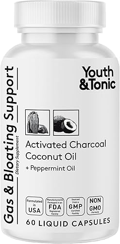 Youth & Tonic Píldoras de carbón activado para hinchazón y alivio de gases para calmar el estómago y el sistema digestivo desintoxicación con menta