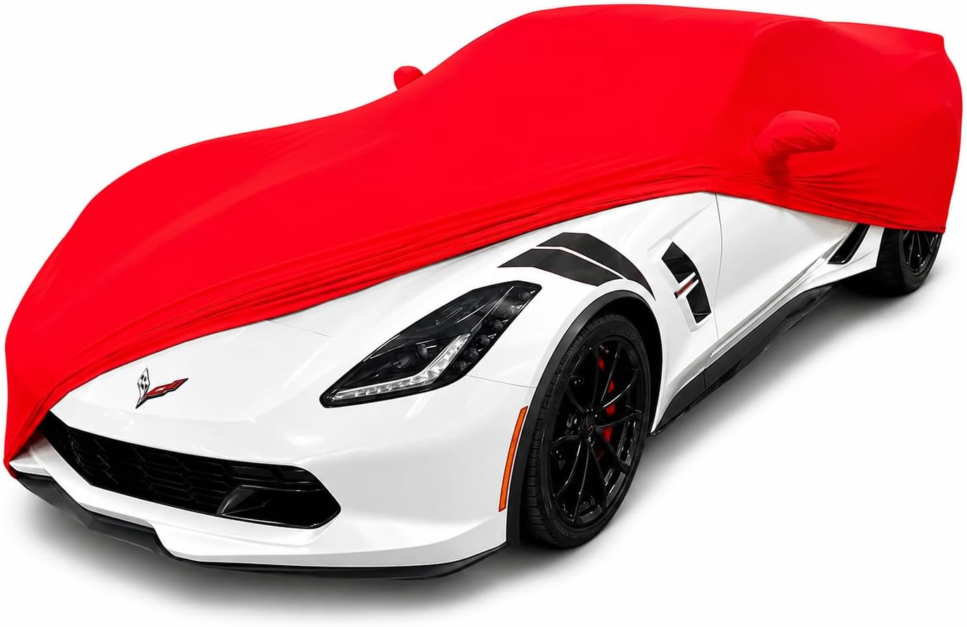 SR1 Performance USA C7 Corvette Indoor Car Cover โ Custom Fit Ultraguard Stretch Satin Dust Cover for 2014-2019 Corvette Stingray, Z06 & Grand Sport โ Soft Lining, Breathable Indoor Protection (Red)