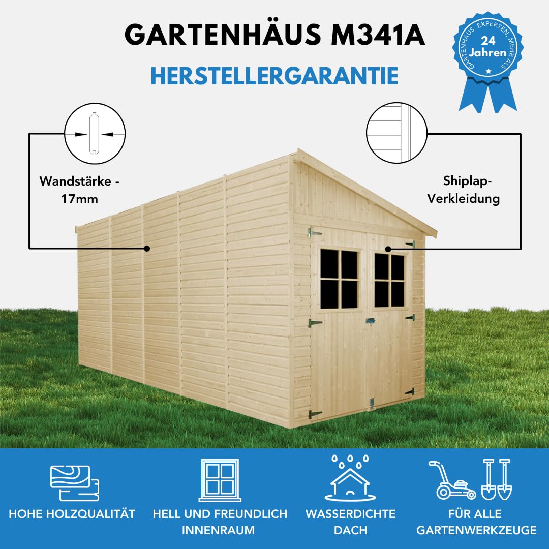 TIMBELA Gartenhaus Holz (mit Seitenwand) MIT IMPRÄGNIERTEM Boden - Geräteschuppen mit Fenstern - H244x216x514 cm/10,2 m2 - Gerätehaus - Fahrradschuppen - M341A+M341G