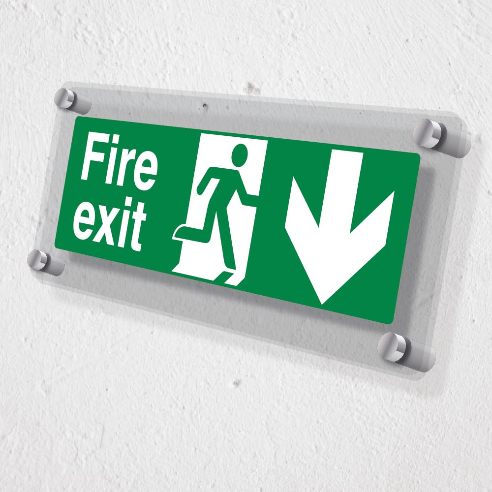 V Safety Fire Exit Arrow Down - 300 x 100 mm - Acrylic Perspex Cast Clear Safety Sign, Green - Image 2