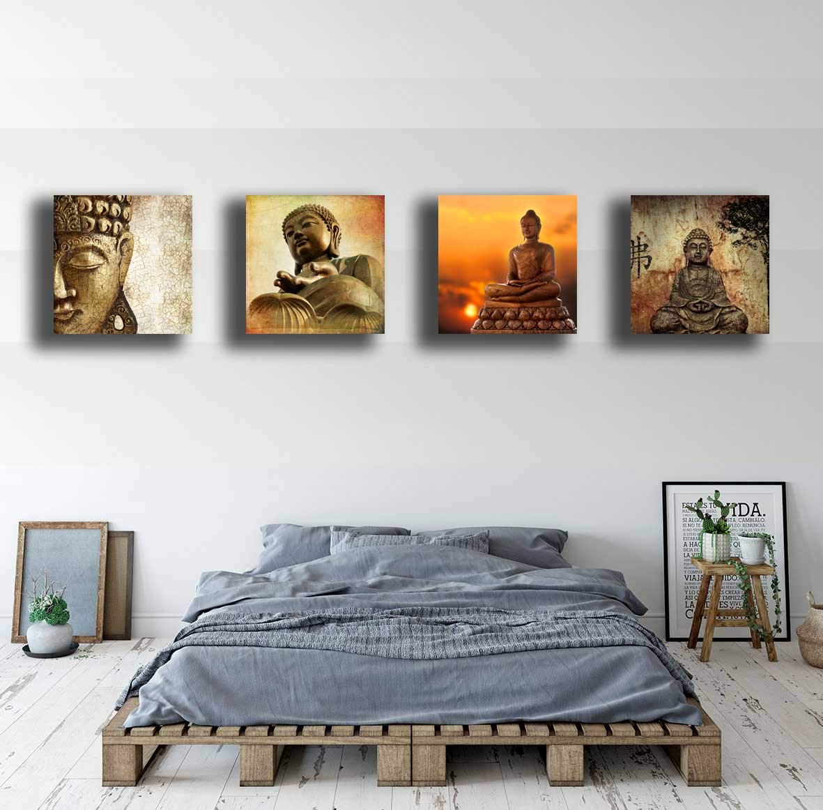 Quadri Moderni 4 pezzi BUDDHA Etnico buddismo Stampa su Tela CANVAS Arredamento Arte astratto XXL Arredo soggiorno salotto camera da letto cucina ufficio bar ristorante (4 pezzi 30x30 cm cad.)
