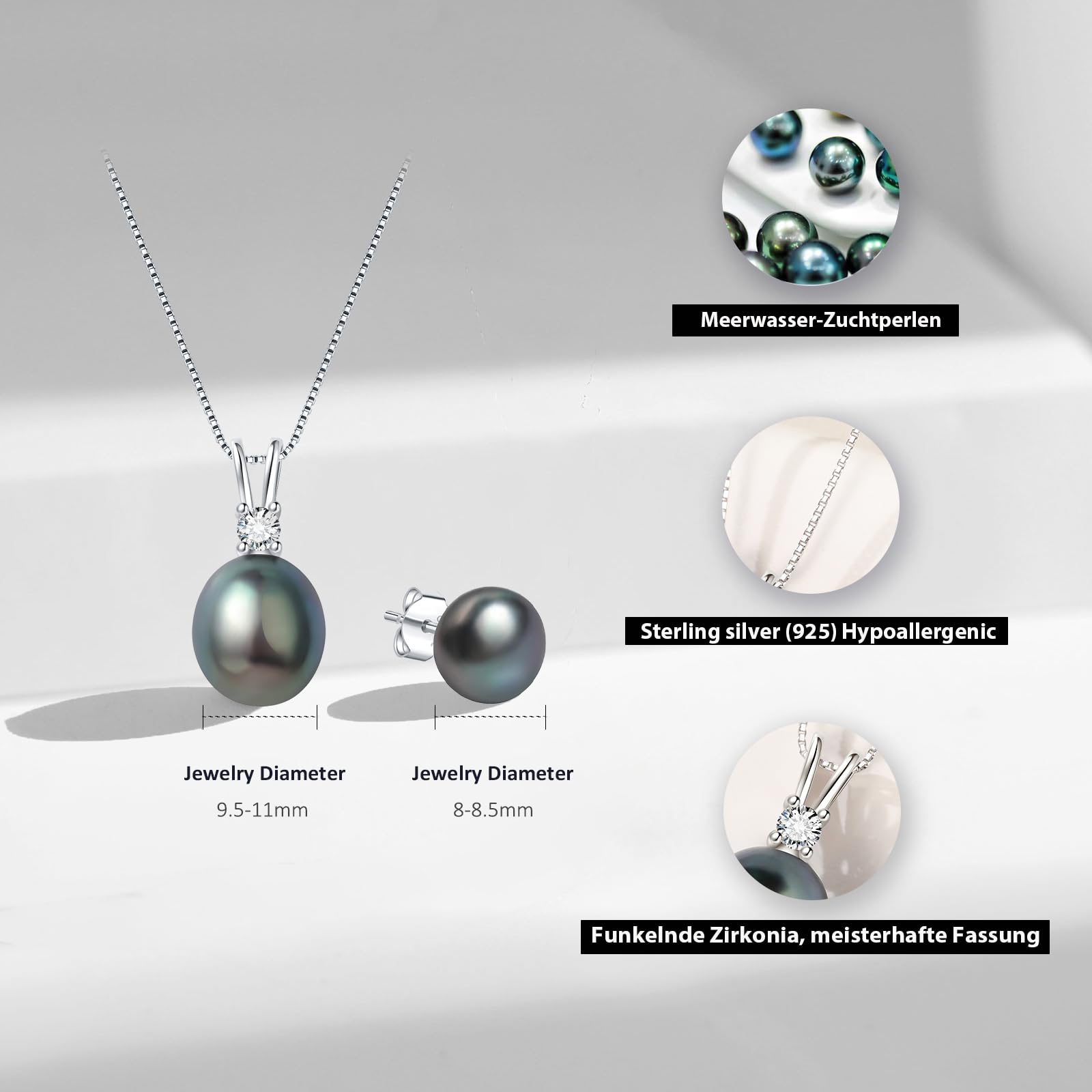 YAMI Perlenschmuckset für Damen, 9,5–11 mm AAAA Süßwasser-/Salzwasserperlenkette und 8–8,5 mm Perlenohrringe, Perlenohrringe Silber 925, Ideal für Geschenke