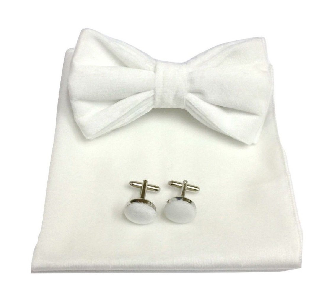 L&L® Men's Classic Velvet Bow Tie + Pocket Square Hanky + Cuff links Set UK (White)