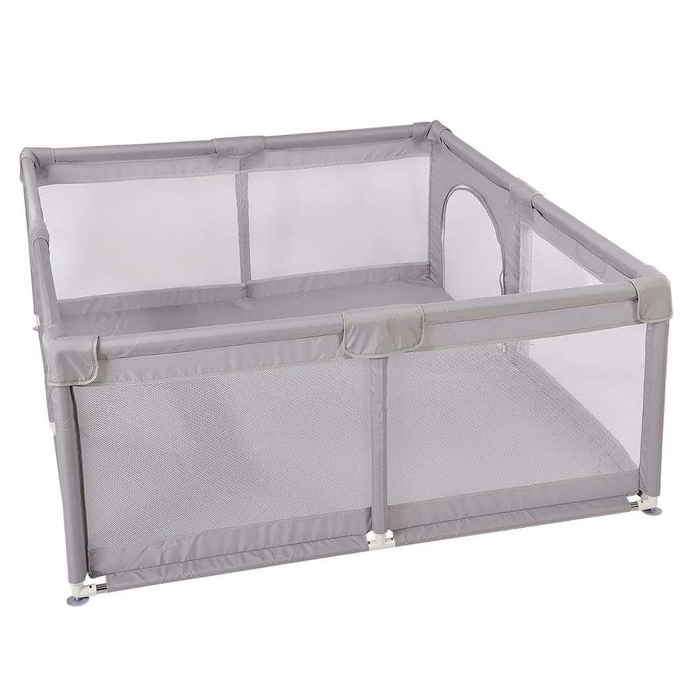 Parc Bebe Modulable 180 x 150 x 66 cm en Tissu Oxford, Parc Enfant avec Barrières, 2 Anneaux de Préhension, 8 Ventouses et Tapis de Jeux, Parcs de Jeux Bébé Intérieur/Extérieur (Gris clair)