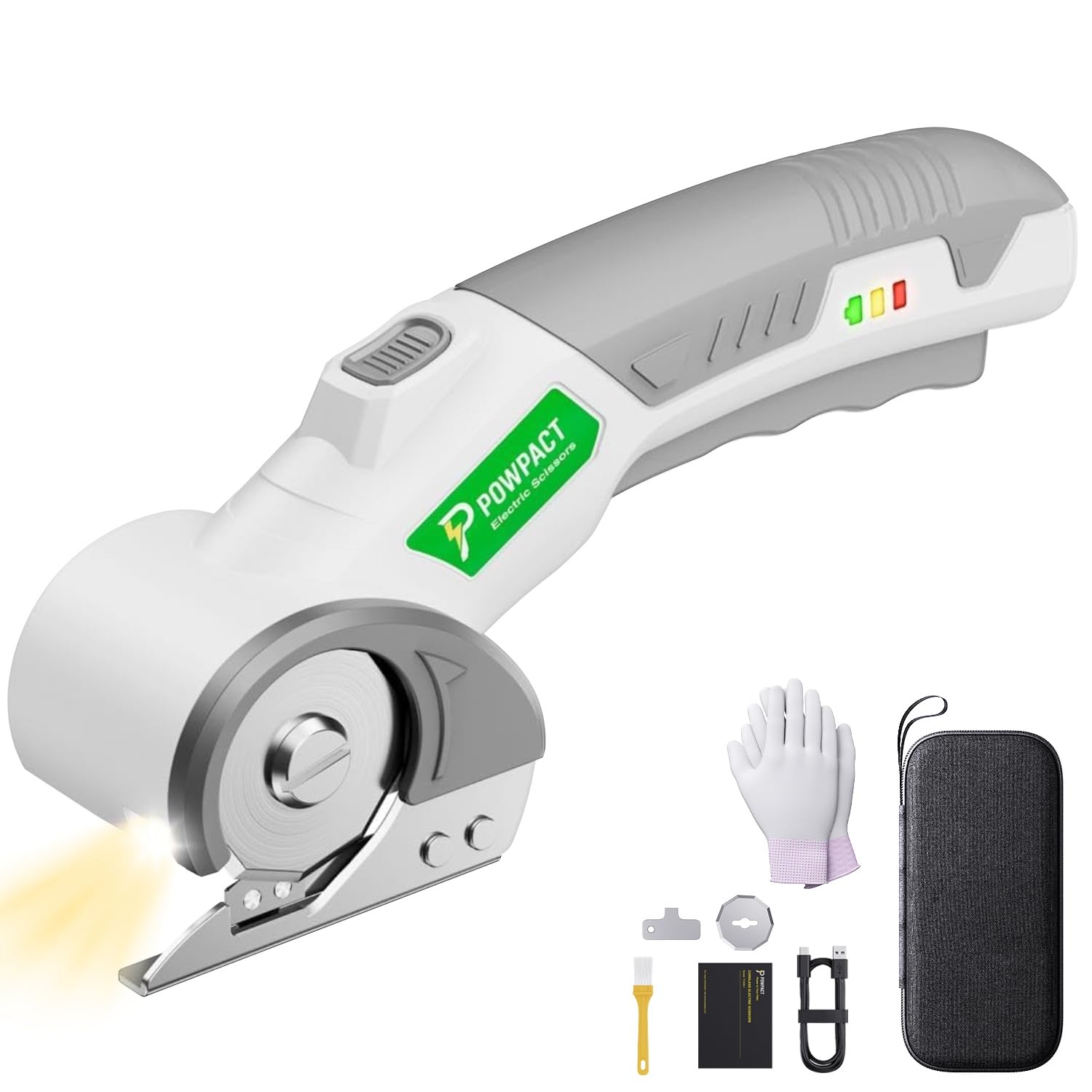 Powpact® High Speed Cardboard Cutter, Cordless Electric Scissors for Cardboard Fabric Carpet, Automatic Electric Box Cutter with Safety Lock - Rechargeable Battery, Heavy Duty Power, Rotary Cutting