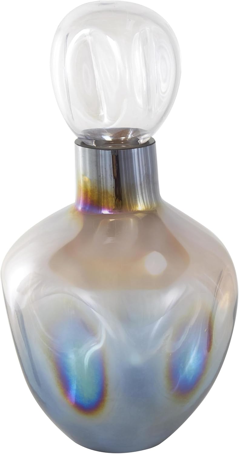 Deco 79 Glass Living Room Decorative Jars Decorative Container with Iridescent Rainbow Finish, Jar with Lid 9" x 8" x 16", Blue Blue 9" x 8" x 16"