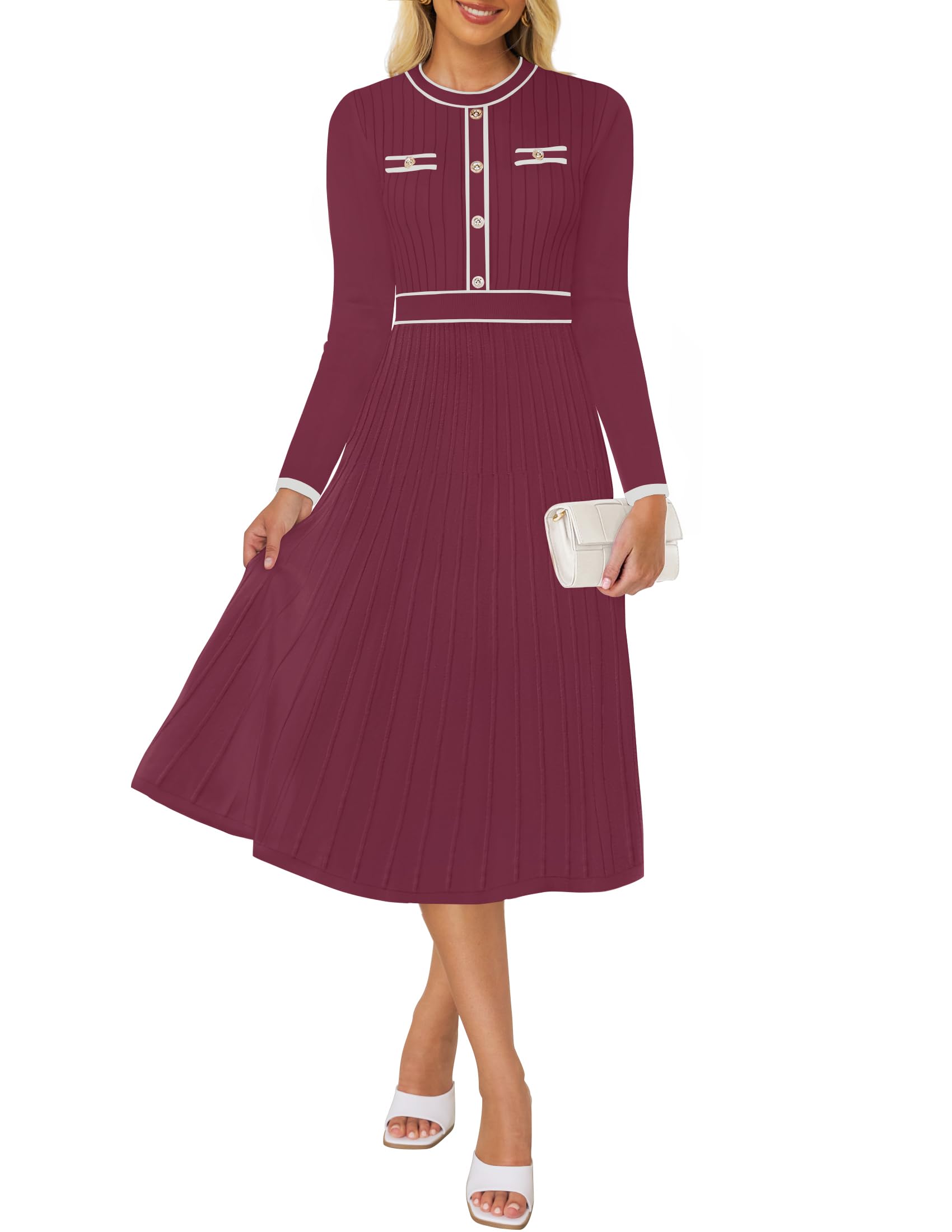 ZESICA Women's Spring Pleated Sweater Dress Long Sleeve Crewneck Ribbed Knitted Midi Dresses