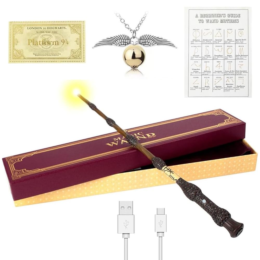 Lotvic Dumbledore Zauberstab mit Licht, Elderstab Harry, USB Aufladung Zauberstab Dumbledore mit Zauberspruch-Karte, Stationsticket und Halskette für Cosplay, Karneval, Halloween
