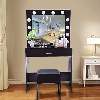 Amazon Com Brown Vanity Set With Lighted Mirror For Women Girls Makeup Table With 12 Led Bulbs Vanity Bench And Large Storage Drawer Dressing Table For Bedroom Kitchen Dining
