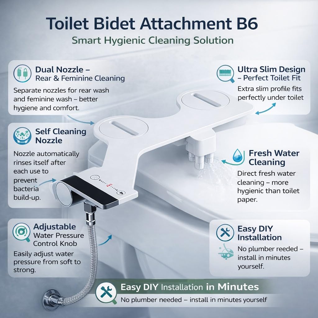 Toilet Bidet Attachment with Dual Nozzle (Front & Rear) – Ultra Slim Non Electric Toilet Bidet Attachment with Adjustable Water Pressure, Self Cleaning Nozzle, One Knob Control Bidet for Toilet 1