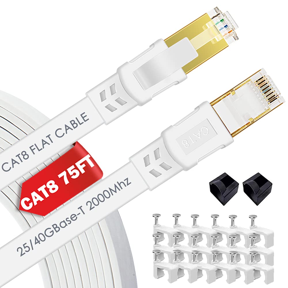 Kabel Ethernet Cat 8 23 m kabel sieciowy LAN o dużej prędkości 2000 MHz 40 Gb/s kabel RJ45 do gier, Xbox, PS4, modemu, routera - kompatybilny z siecią Cat7/Cat6e/Cat5e, biały