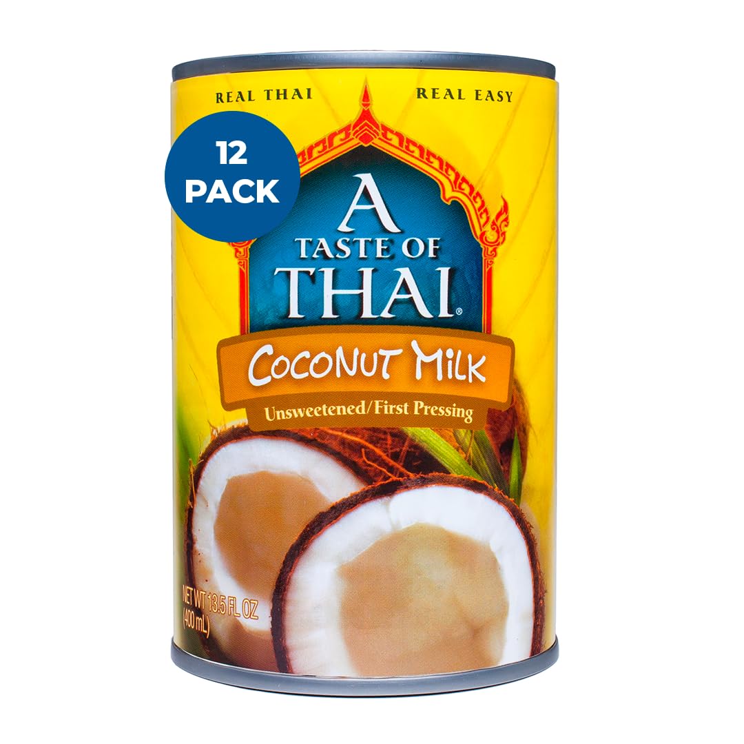 A Taste of Thai Coconut Milk Unsweetened | Canned, Ready to Use Creamy Coconut Cream | Non-GMO & Free of Gluten, Dairy, Trans Fat and Preservatives – 13.5 Fl Oz (Pack of 12)