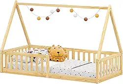 IDIMEX Cama Infantil Montessoriana Solteiro Madeira Casinha de Chão Nicolas Natural