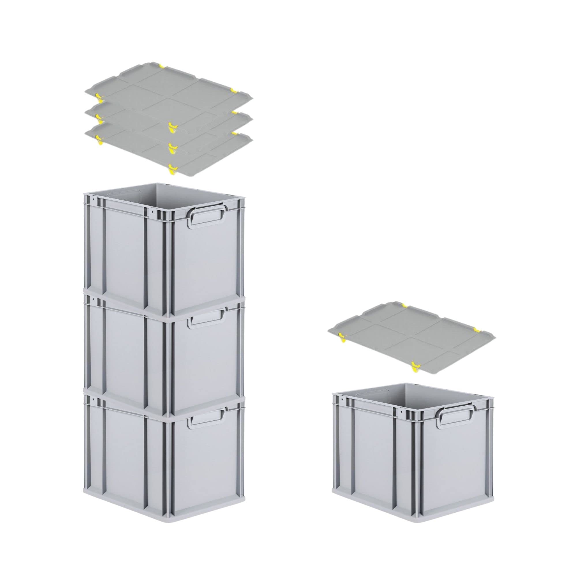 PROREGAL SET SUPER ÉCONOMIQUE 4x Bac Euro NextGen Economy avec couvercle d'appui et 4x fermetures à glissière jaunes | Poignées fermées | HxLxP 32x30x40cm | 30 litres | Eurobox, empilables