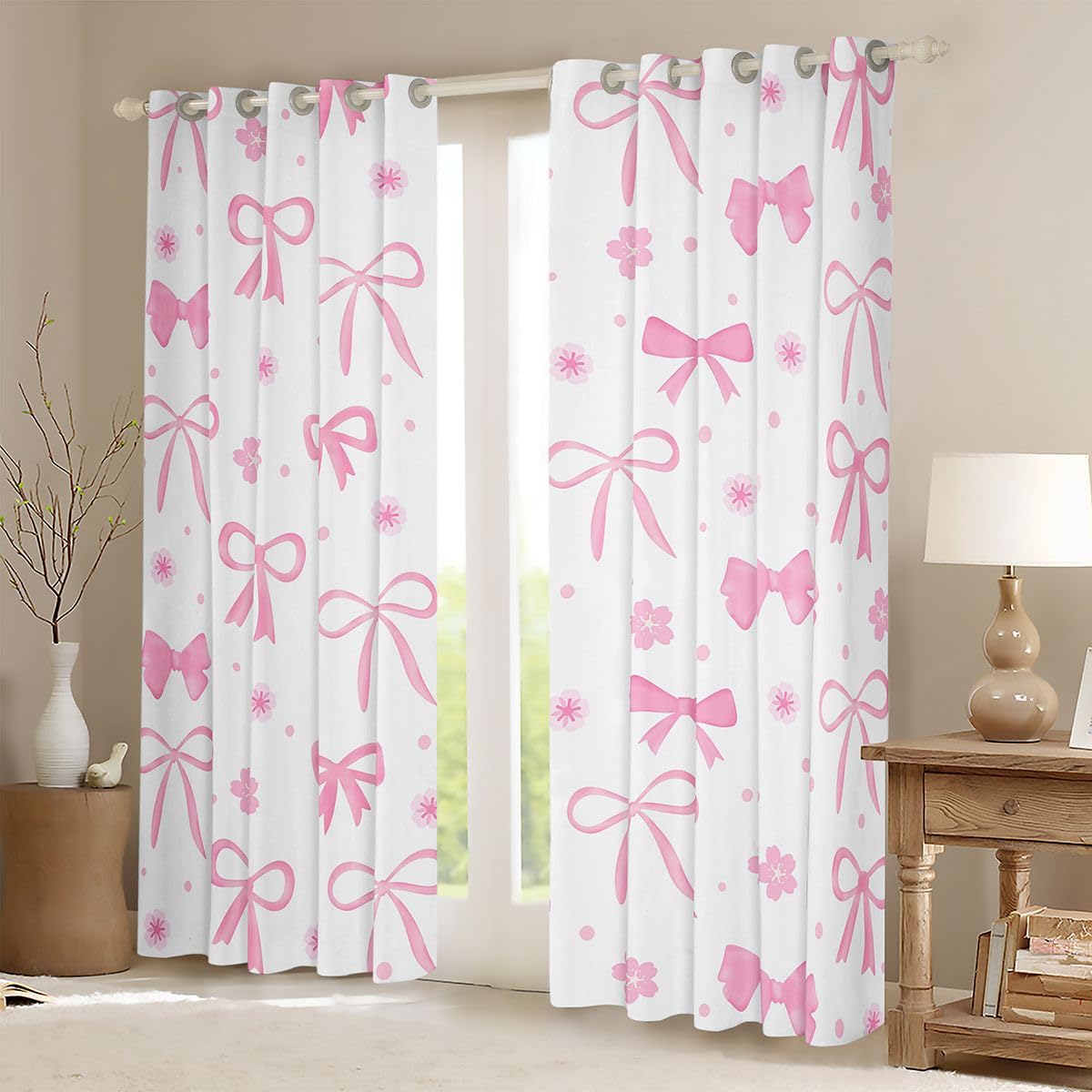 Homewish Wstążka różowa kokardka zasłony okienne, 117 x 183 cm, 2 zestawy paneli – urocze kwiaty, zasłony zaciemniające, marzycielska księżniczka, kreskówka, muszka, zasłony okienne, piękna kokardka