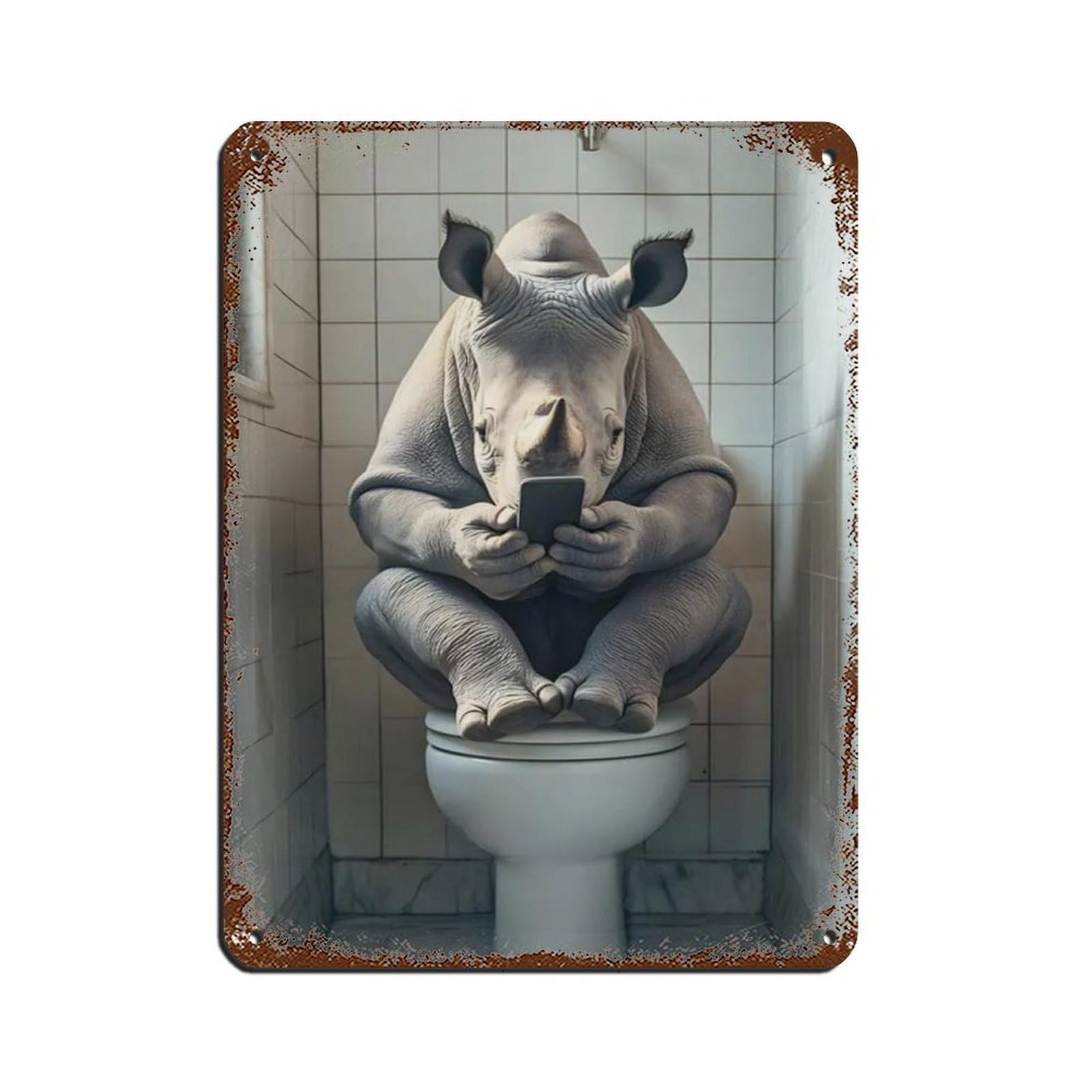 Lxwnze 30L X 40W Cm Rhino Sitting On The Toilet Watching Phone Tin Sign Vintage Metal Pub Club Cafe Bar Home Wall Art Decoration Poster Retro 12X16inch(30X40cm)