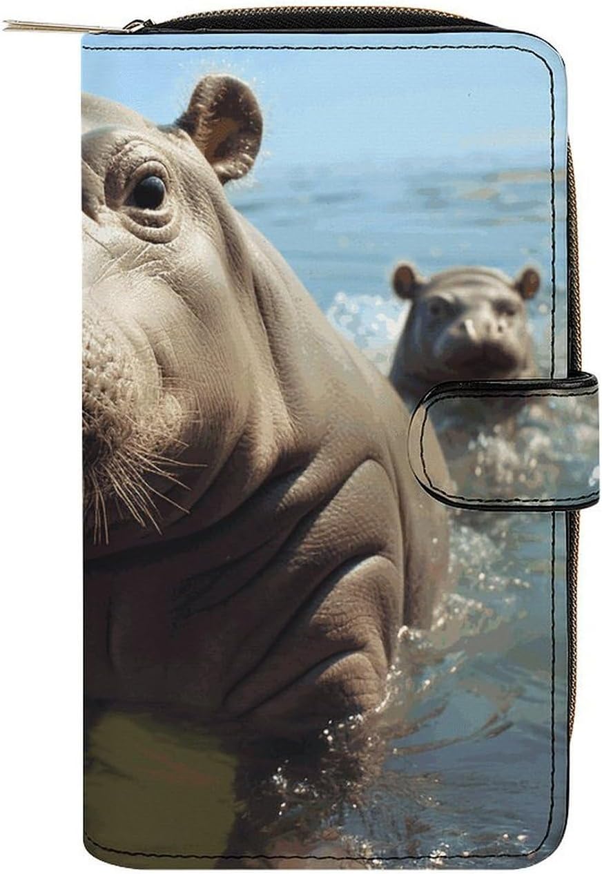 Genuine Leather Multi-Functional Wallet - Compact Card Holder, Cute Baby Hippos Printed Coin Purse & Key Organizer,Perfect for Travel, Work & Daily Use