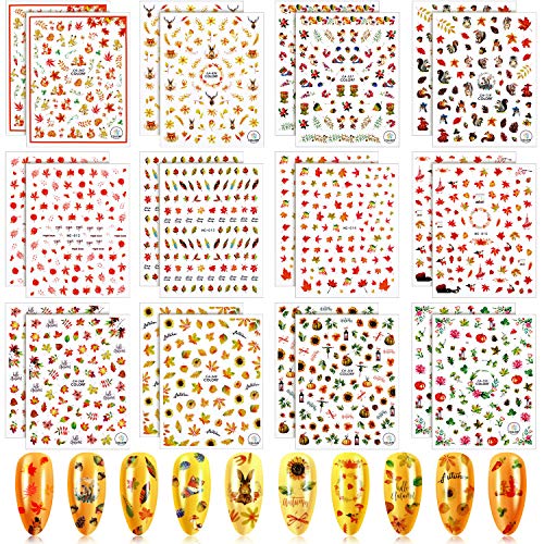 Above 1800 Pieces Thanksgivings Nail Decals Stickers Fall Nail Art Stickers Maple Leaves Pumpkin Autumn Nail Stickers 3D Self-Adhesive Nail Tip Stickers for Women Girls DIY Nail Art Design, 24 Sheets