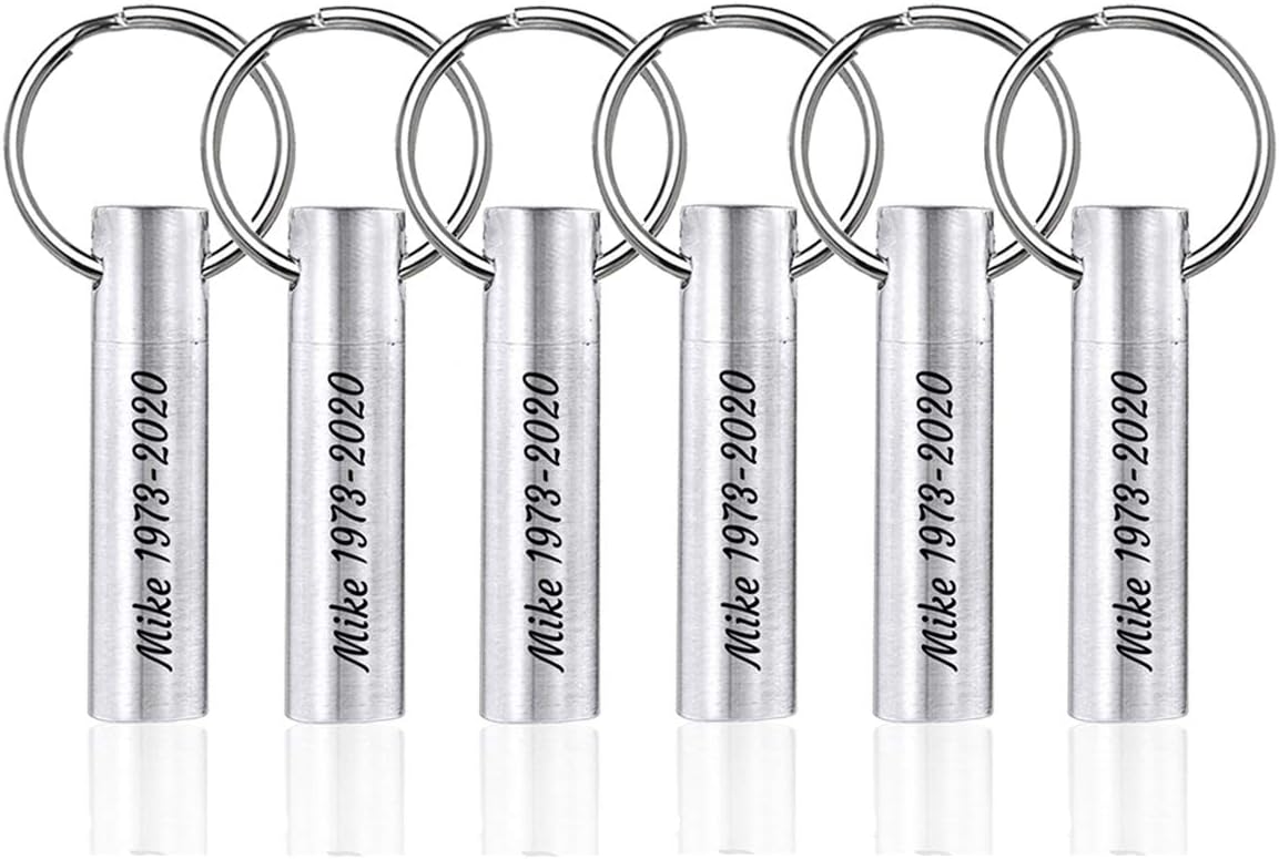 Pack of 6 Customize Memorial Keepsake Urn Keychain Set for Family Members Friend Brushes Stainless Stell Bar Cylinder Cremation Pendant Keychain for Pet Human Ashes