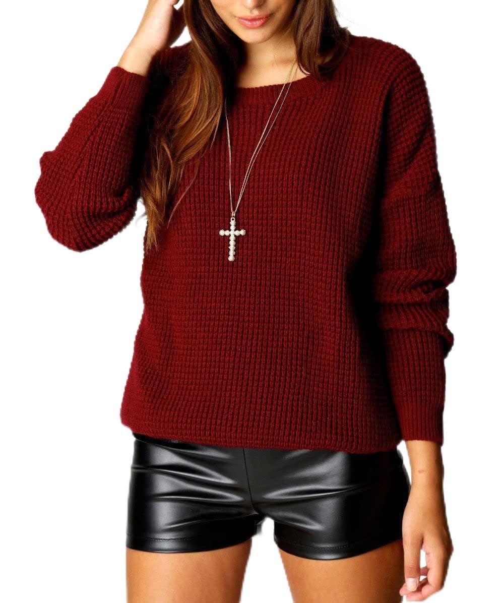 An Direct Women's Wine Oversized Fishnet Knitted Baggy Chunky Jumper Loose Sweater Top (, 12-14)
