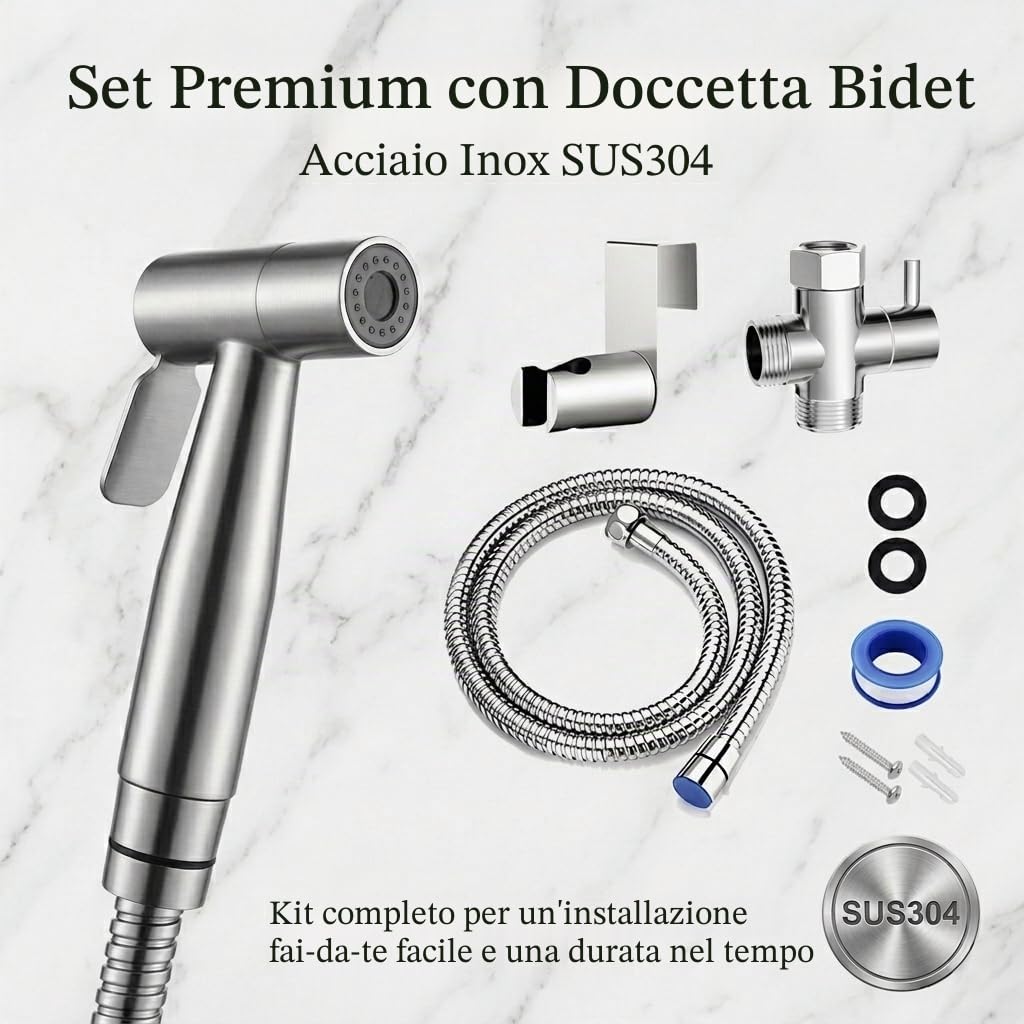 Doccino per Bidet Doccetta Bidet per WC in Acciaio Inox, Idroscopino per WC con Tubo Flessibile 1,5m e Supporto, Kit Idroscopino per Igiene Personale e Animali Domestici (Acciaio)