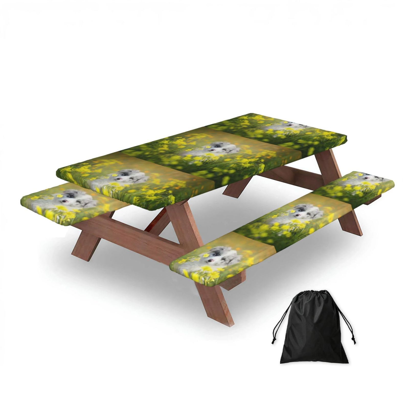 Dopklna As Picture Australian Shepherd Dogs Mall White Puppy, Picnic Table Cover With Bench Covers -Waterproof Elastic Fitted Tablecloth For Garden Camping Patio 76X152cm
