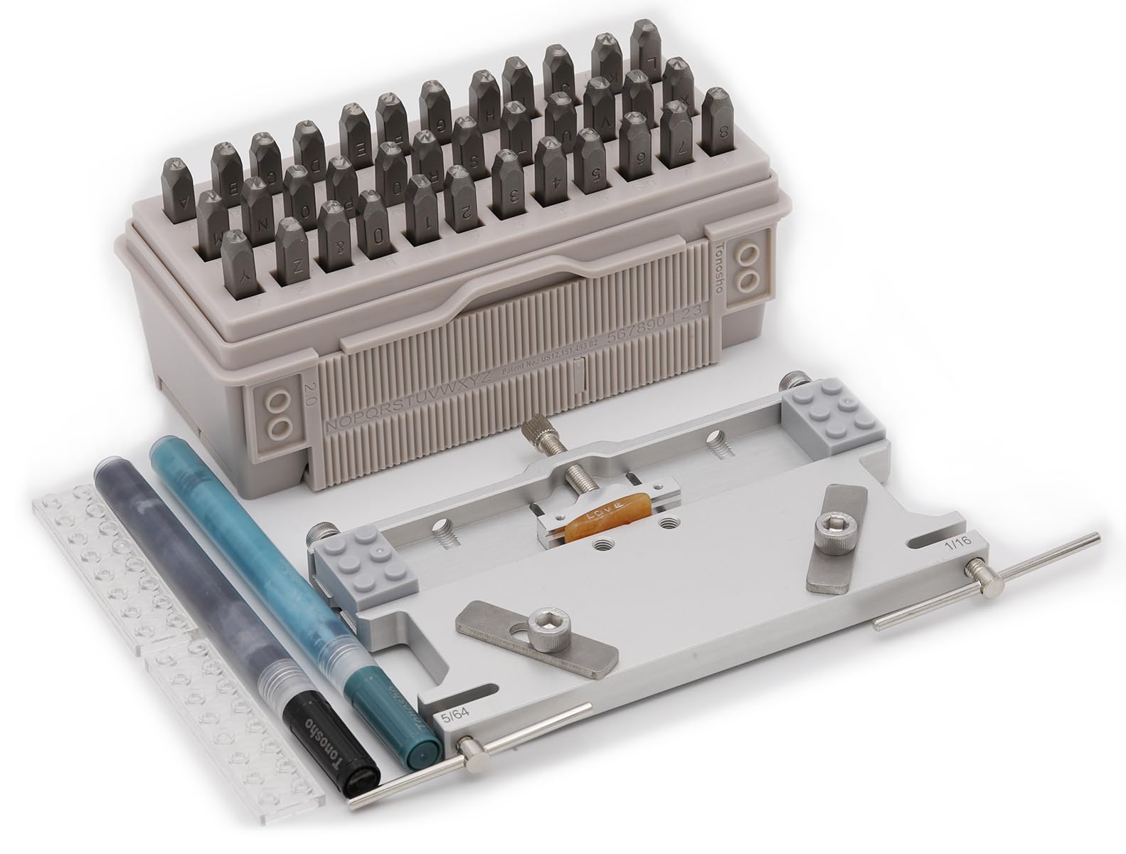 Tonosho Letter & Number Metal Stamping System with Alignment Tool & Anvil Block, AโZ & 0โ9, HRC 62