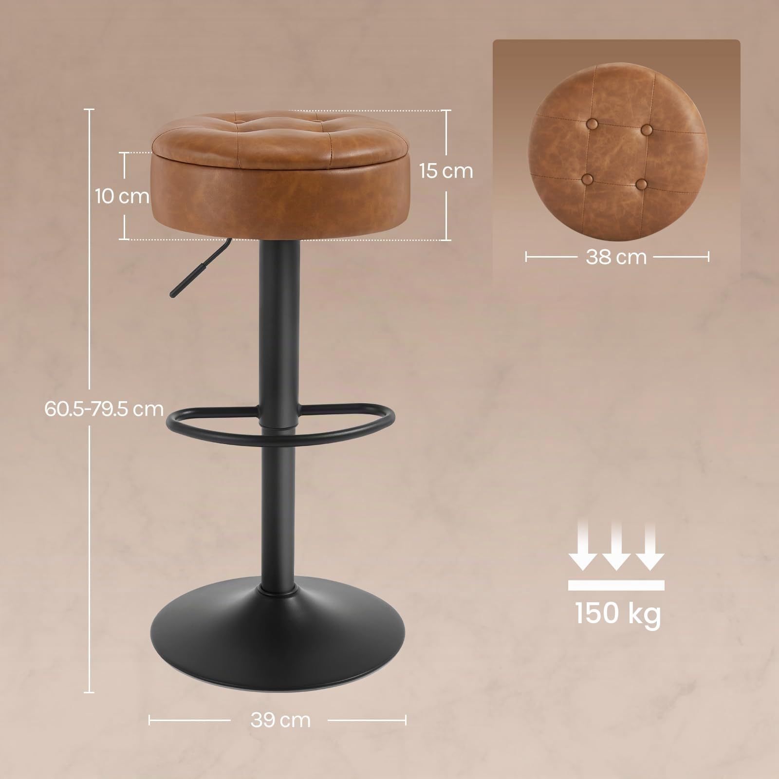 WOLTU Set di 2 Sgabelli Cucina, Sgabelli da Bar Alti con Spazio Contenitivo, Sedia Regolabili in Altezza e Girevoli a 360°, per Cucina Sala da Pranzo Bar Bancone, Pelle Sintetica, Metallo, Marrone
