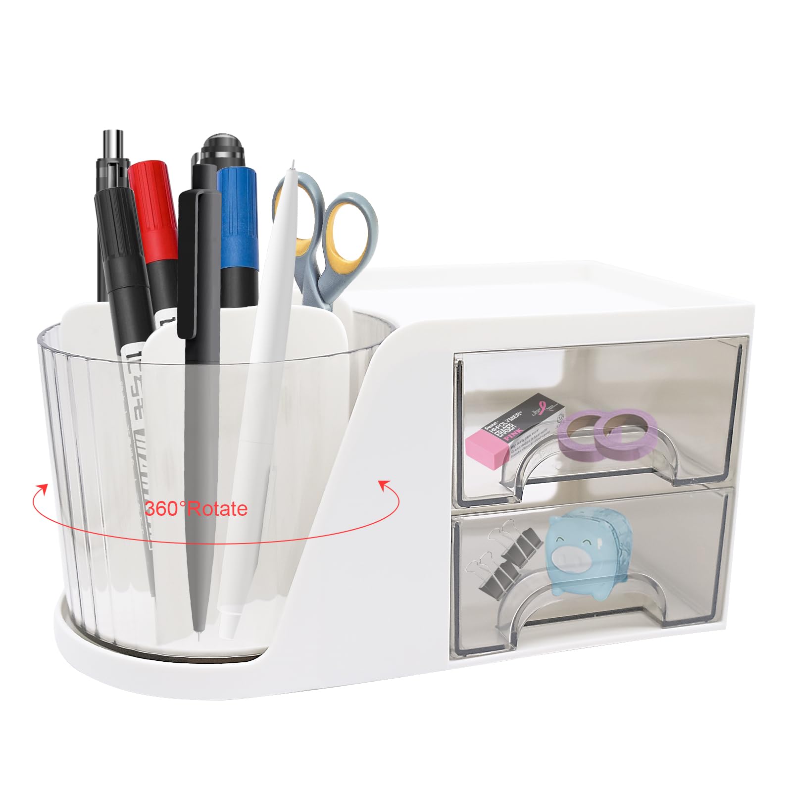 HVIHWI Desk Organiser, 360 Degree Rotating Pen Holder, Desk Organisers Accessories with 2 Drawers