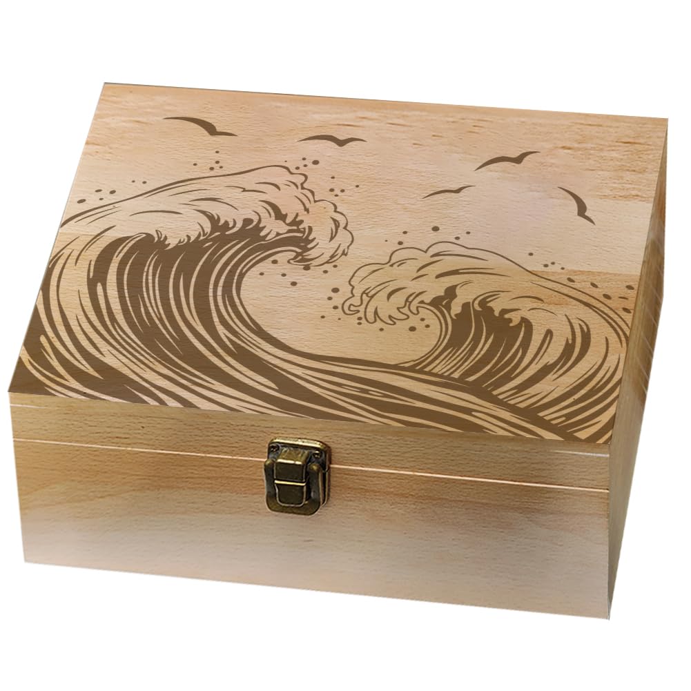 arricraft Sea Wave Theme Wooden Memory Keepsake Box, Metal Knot Box with Hinged Lid and Lock Decorative Storage for Photo Letter Souvenir Jewelry 7.6x9.6x4inch(19.5x24.5x10.3cm)