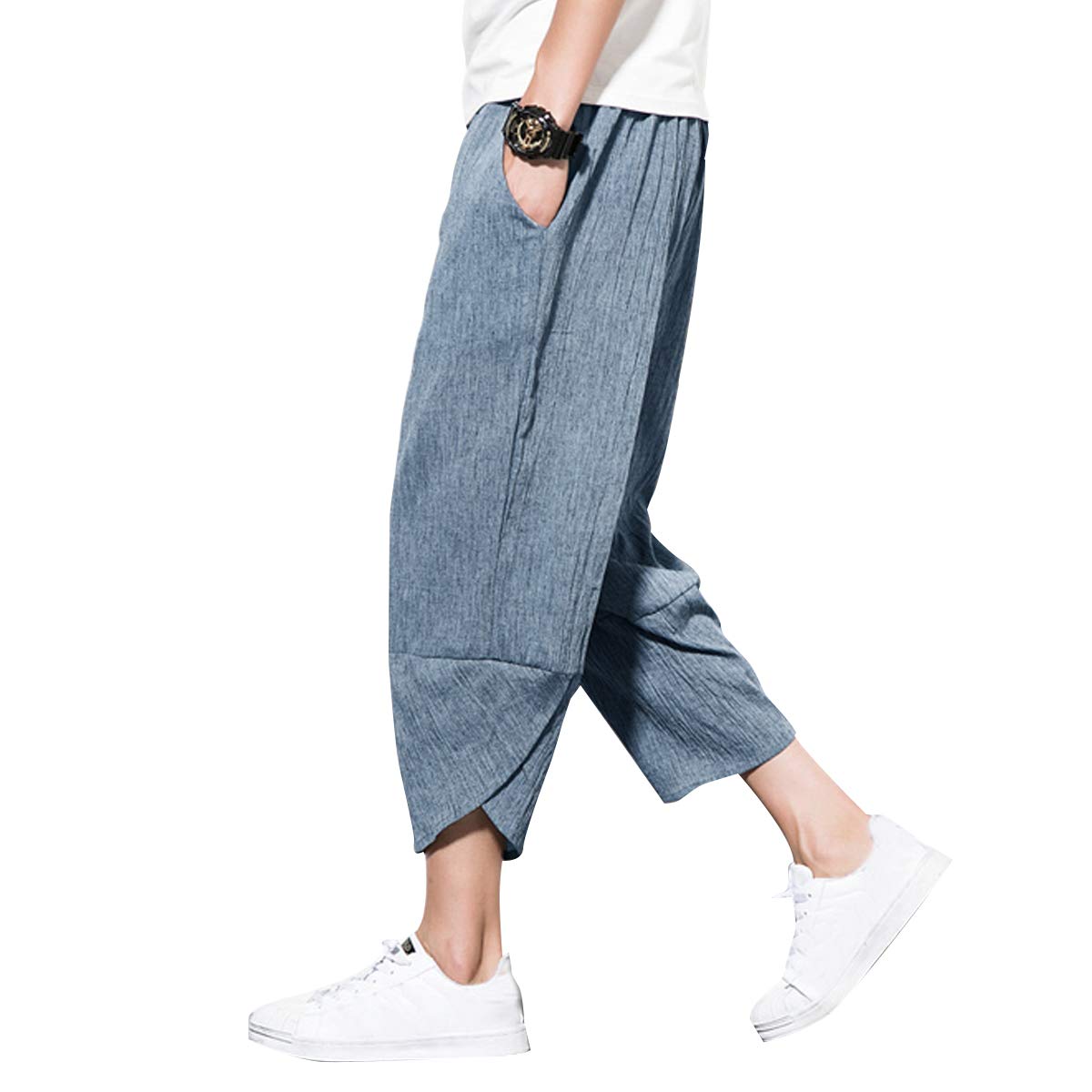 PRIJOUHEMen's Harem Capri Pants, Wide Leg Mens Capris, Summer Linen Pants