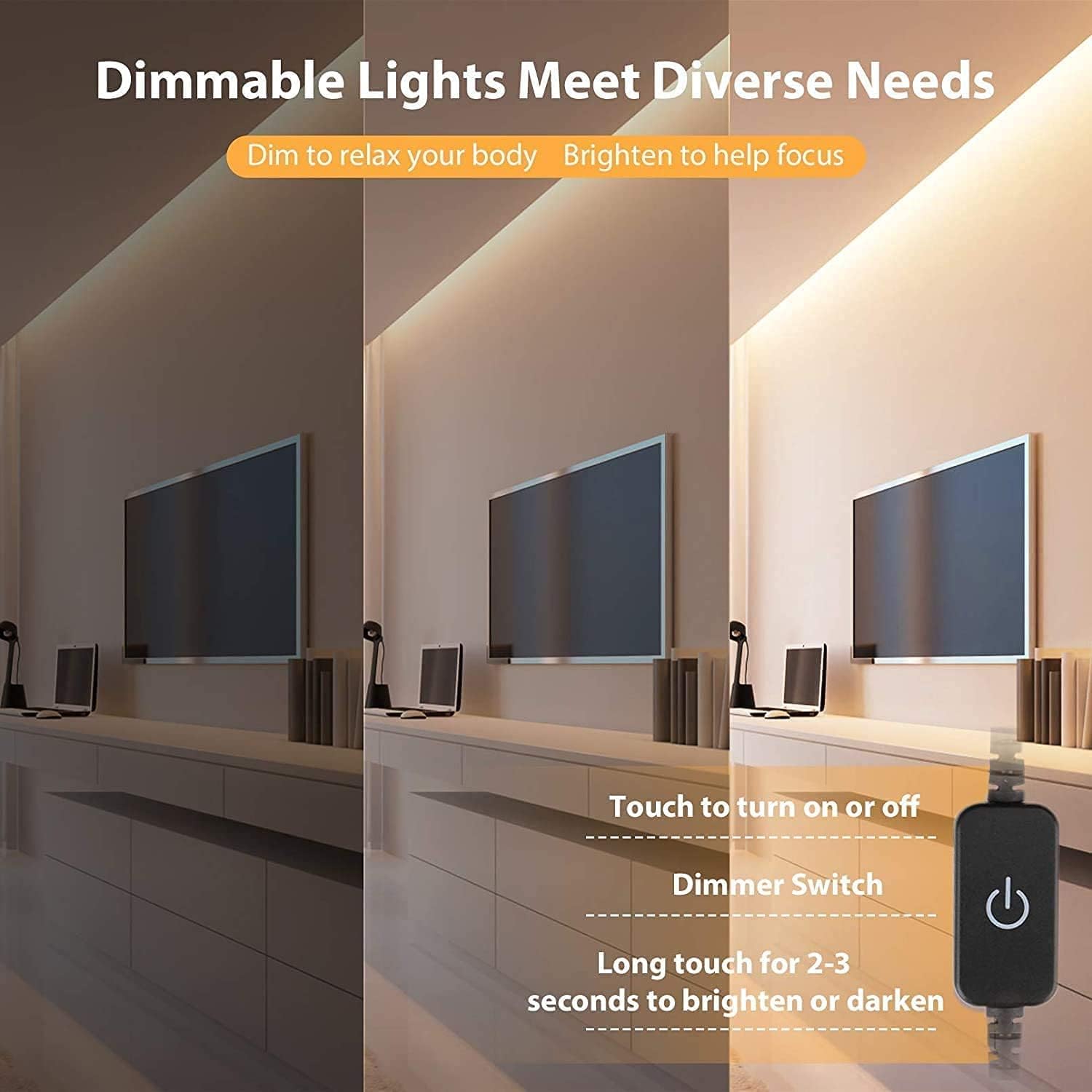 Illustration of the dimmer switch and dimming capabilities of the LED strip.