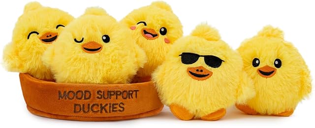 Stuffed Animal Cute Duck Plush Toys, 5 Pcs Mood Support Duck Plush and Plushies with Carry Basket, Funny Squeeze Toys Home Desk Decor Cheer up Doll Gift for Kids Adults Friends Her Sister