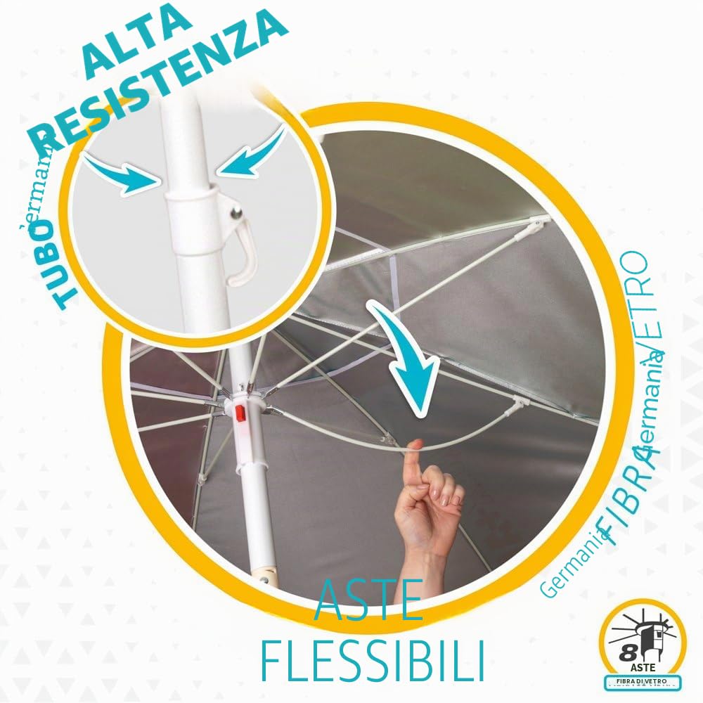AKTIVE Grande ombrellone da spiaggia Ø200 cm antivento UV 50 palo 28-32 mm flessibile borsa