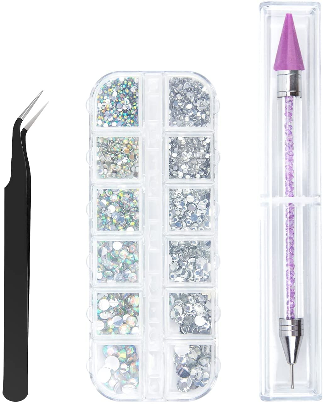 ORiTi Nail Art Rhinestone Decoration Set With Curved Tweezer Purple