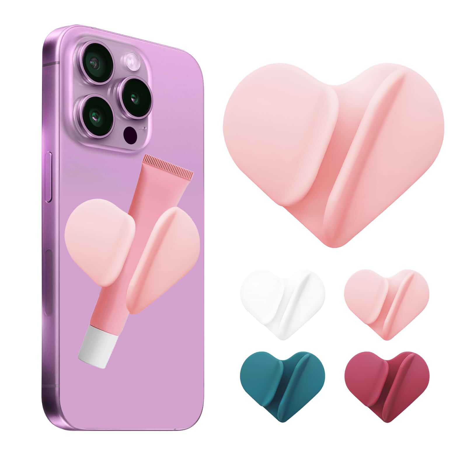 Phone Lip Gloss Holder, Self-Adhesive Heart Shaped Gloss Bracket, Pink Soft silicone phone holder;Cute phone case makeup holder for touch-ups and light carry.Compatible Most Phone Models.