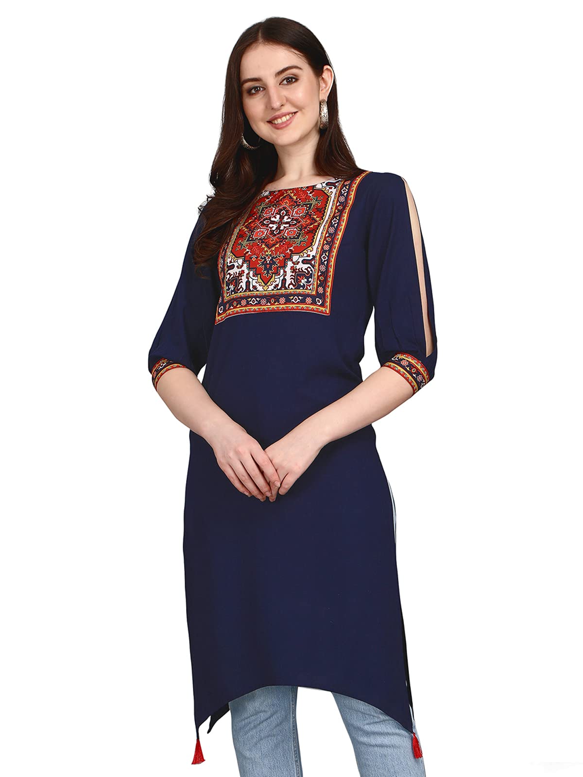 SanisaWomen's Rayon Digital Print & Tassel Straight Kurta, Blue, 40