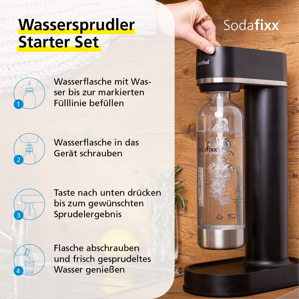 Wassersprudler Schwarz - Soda Maker + 1 PET Wasserflasche 0,85L - Sprudelwasser Maschine ohne Strom - Wasser Sprudel Gerät für 60L CO2 Zylinder - Sprudelwasser Flasche - Soda Wassersprudler
