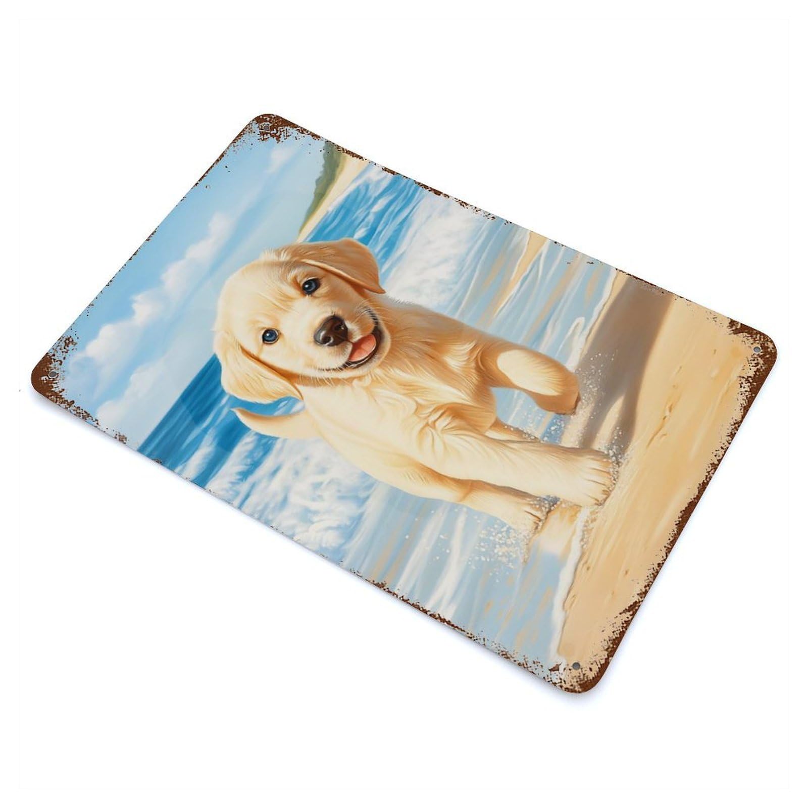 Labrador Retriever Puppy on Beach Rusty Metal Tin Sign 11.8"x7.9", Ideal for Patio, Garden Room And Bar Decor